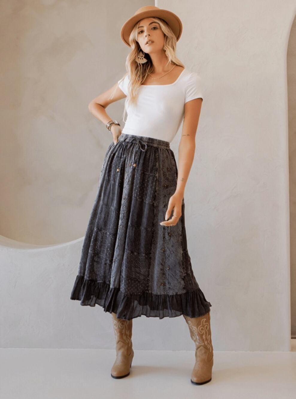Young Threads Charcoal Embroidered Patchwork Maxi Skirt L NWT - Western Prairie